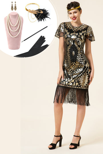 Svart Och Gyllene Kepsärmar Paljetterade Fransar 1920-Talets Gatsby Flapper-Klänning med 20-Talstillbehör Set